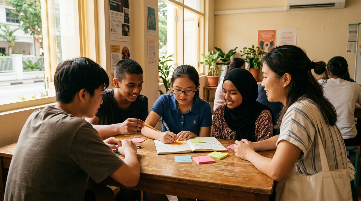 A facilitated youth workshop in Singapore, gathered in conversation