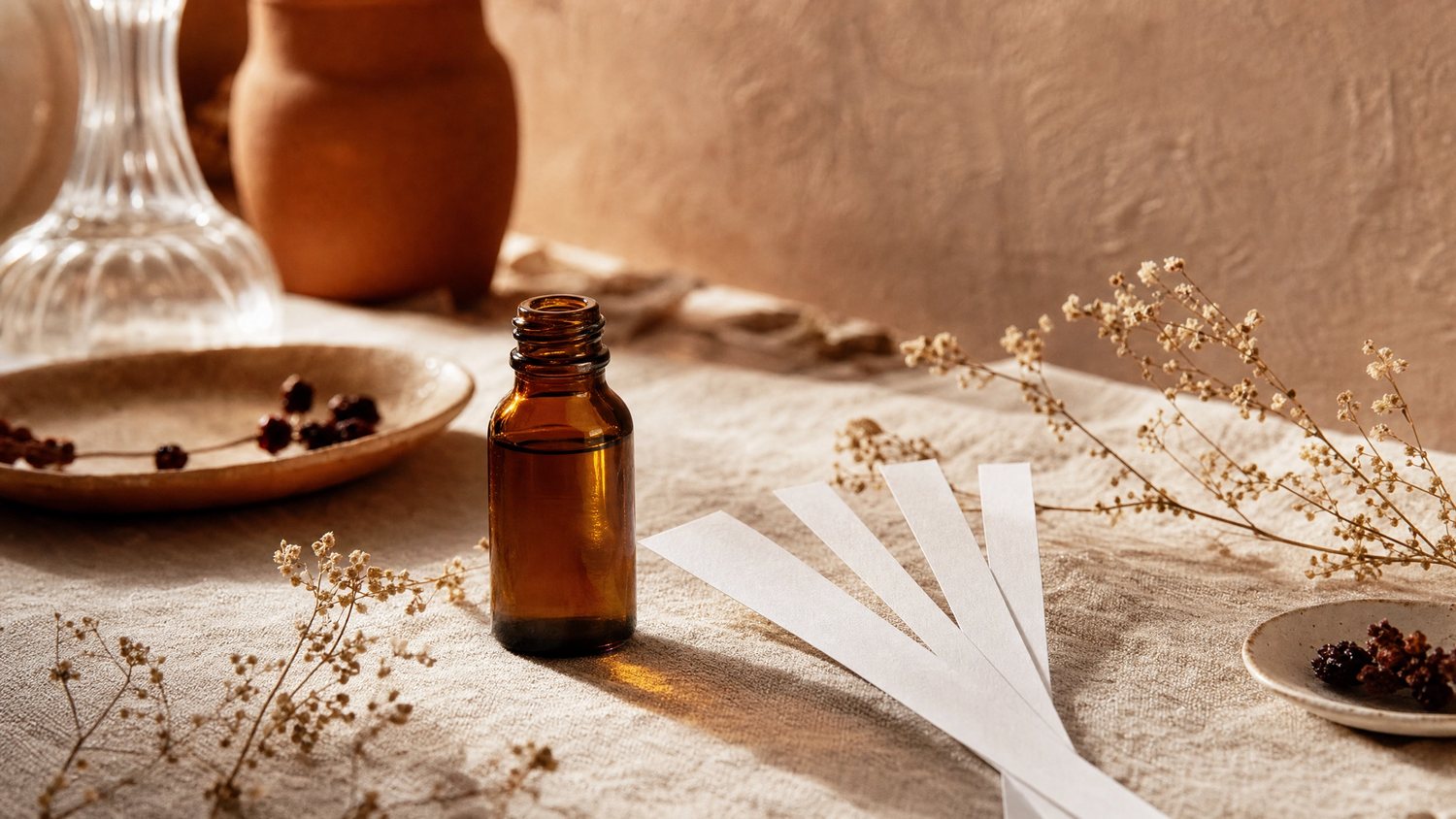 A Scentura scent bottle with testing strips and dried flowers